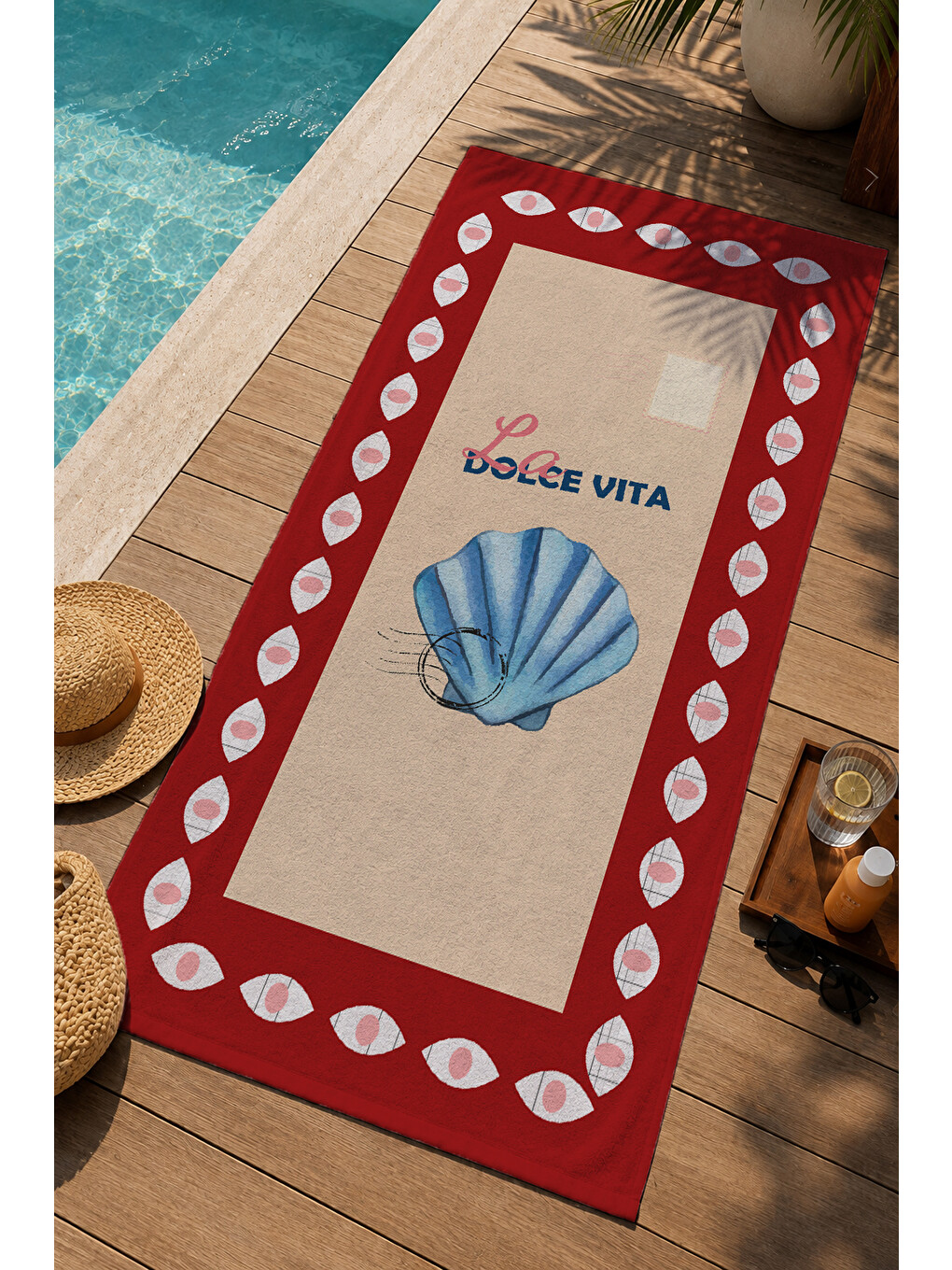 Kırmızı Çerçeveli Mavi Deniz Kabuğu Dolce Vita 70x150 Cm Dijital Baskılı Plaj Ve Banyo Havlusu-2