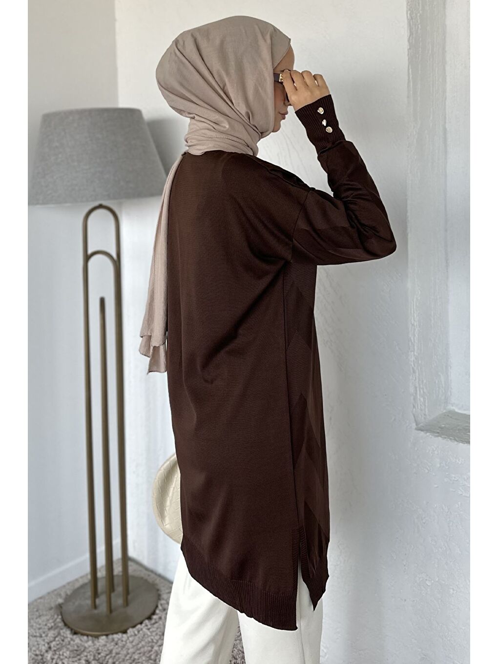 Kahverengi Ön Düğmeli Desenli Tesettür Triko Hırka (m-l-xl Uyumludur)-5