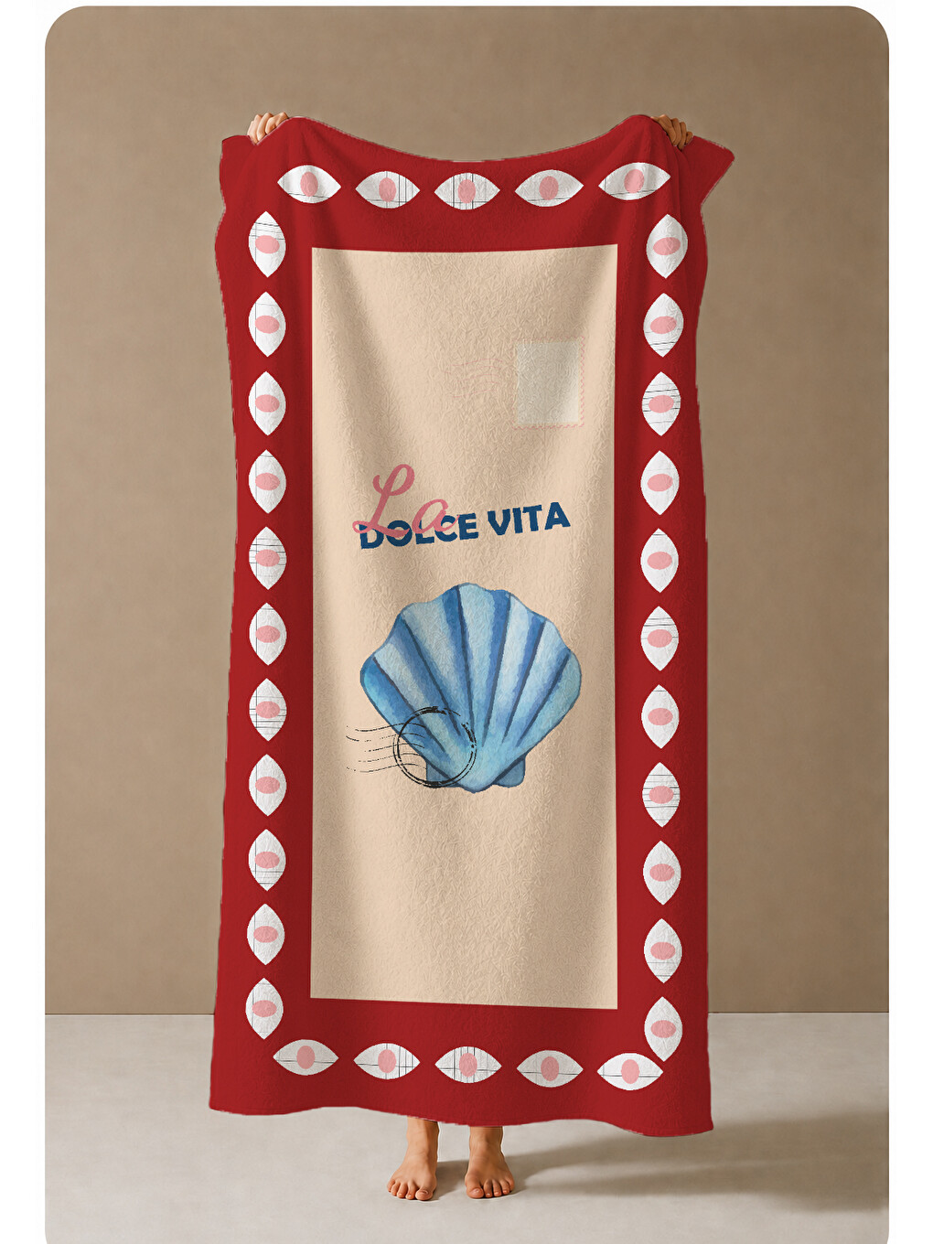 Kırmızı Çerçeveli Mavi Deniz Kabuğu Dolce Vita 70x150 Cm Dijital Baskılı Plaj Ve Banyo Havlusu-3