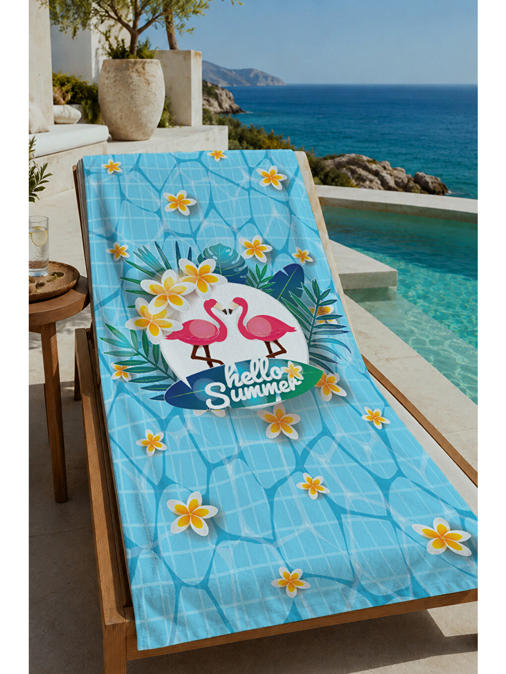 Açık Mavi Hello Summer Flamingo Ve Sarı Çiçek 70x150 Cm Dijital Baskılı Plaj Ve Banyo Havlusu