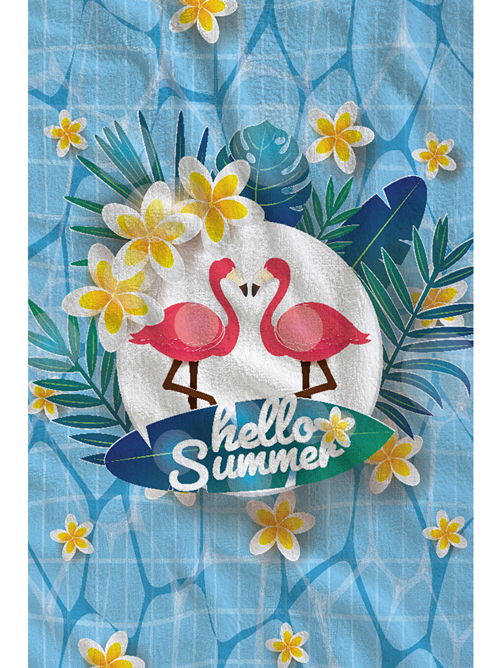 Açık Mavi Hello Summer Flamingo Ve Sarı Çiçek 70x150 Cm Dijital Baskılı Plaj Ve Banyo Havlusu-1