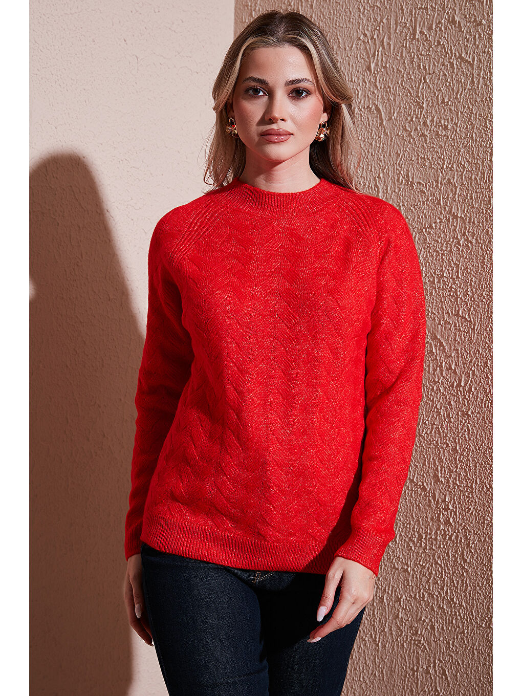 Kırmızı Regular Fit Dik Yaka Örme Kazak 25K0069K1