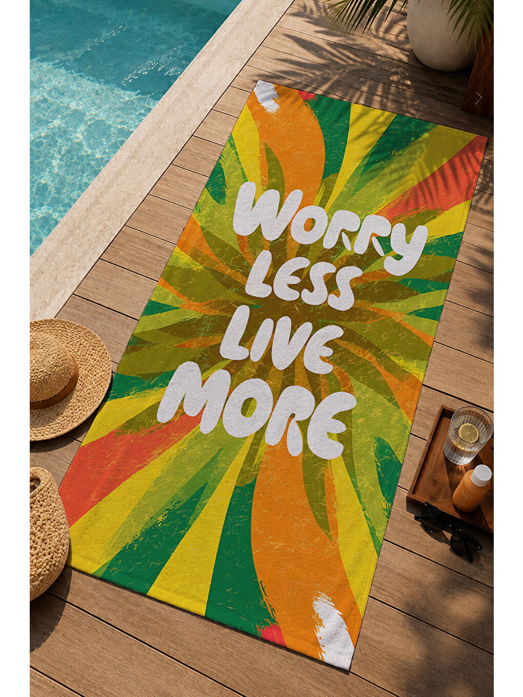 Yeşil Turuncu Worry Less Yazılı Tropikal Desenli 70x150 Cm Dijital Baskılı Plaj Ve Banyo Havlusu-2