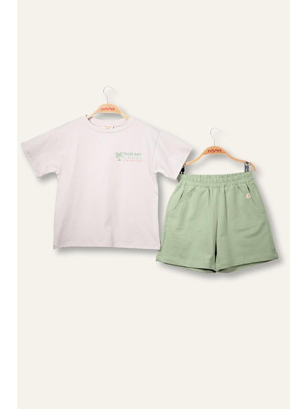 ZEYLAND Bej Erkek Çoçuk Sörf Baskılı T-Shirt Kısa Şort Takım - Taş Rengi