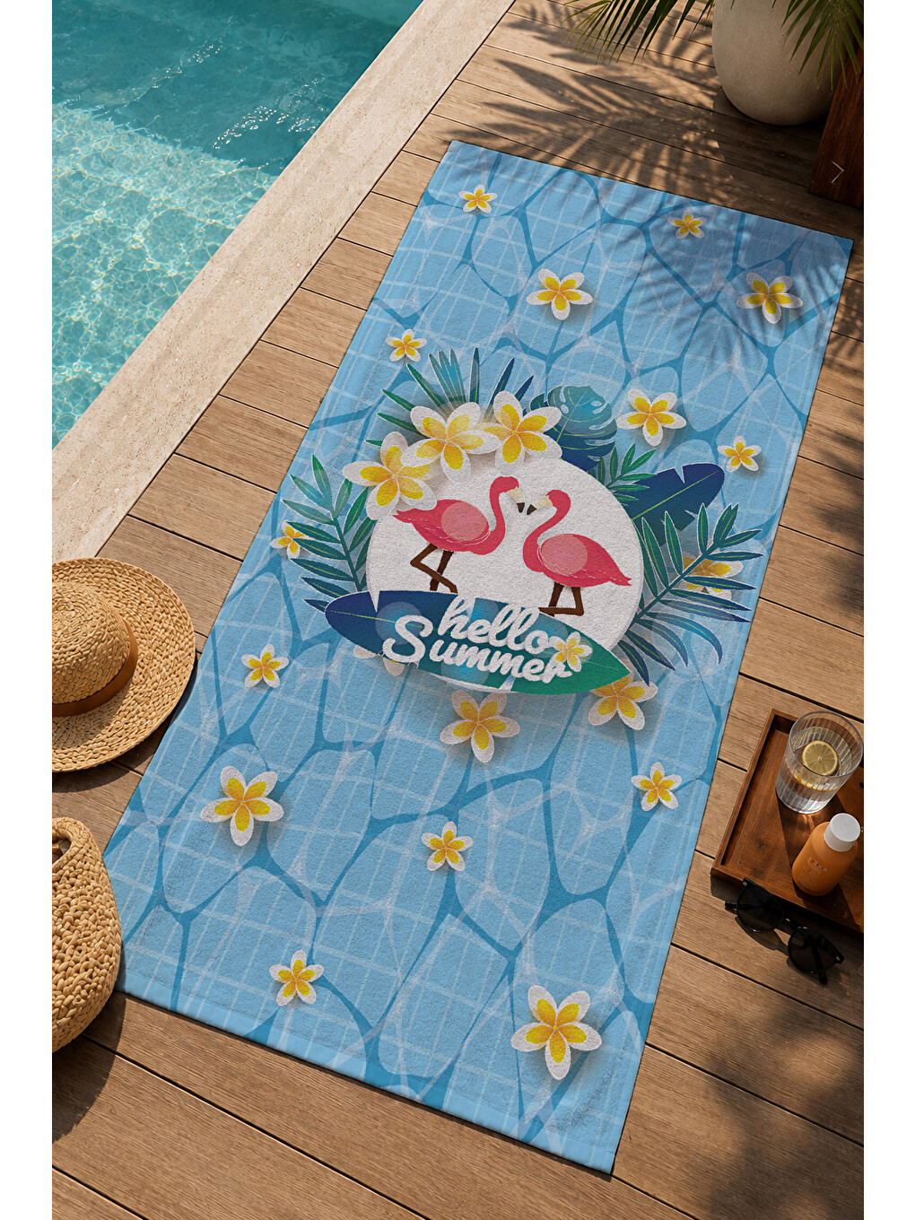 Açık Mavi Hello Summer Flamingo Ve Sarı Çiçek 70x150 Cm Dijital Baskılı Plaj Ve Banyo Havlusu-2