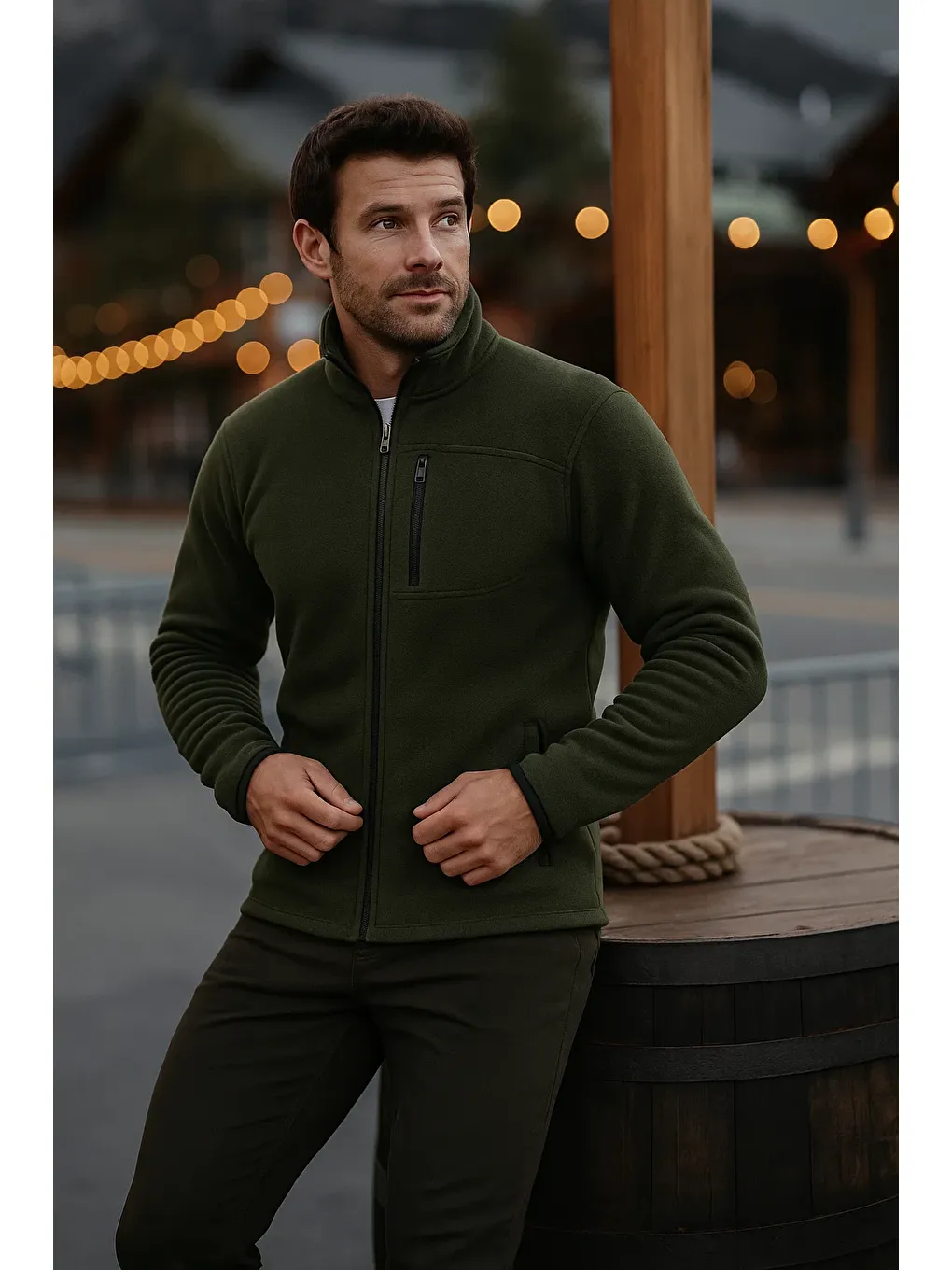 Erkek Fermuarlı Kalın Kışlık Trend Haki Polar Ceket