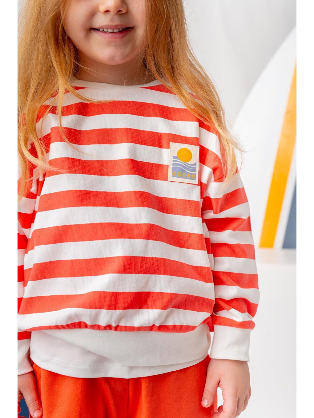 Kırmızı Unısex Çocuk Çizgili Sweatshirt - Coral Çizgili