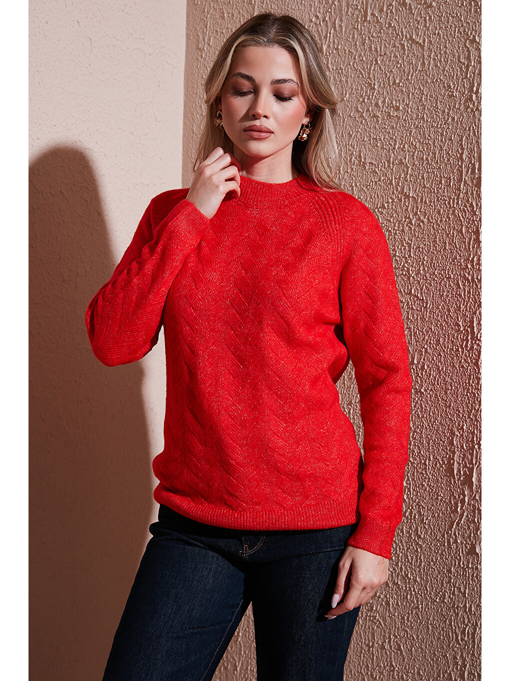 Kırmızı Regular Fit Dik Yaka Örme Kazak 25K0069K1-1