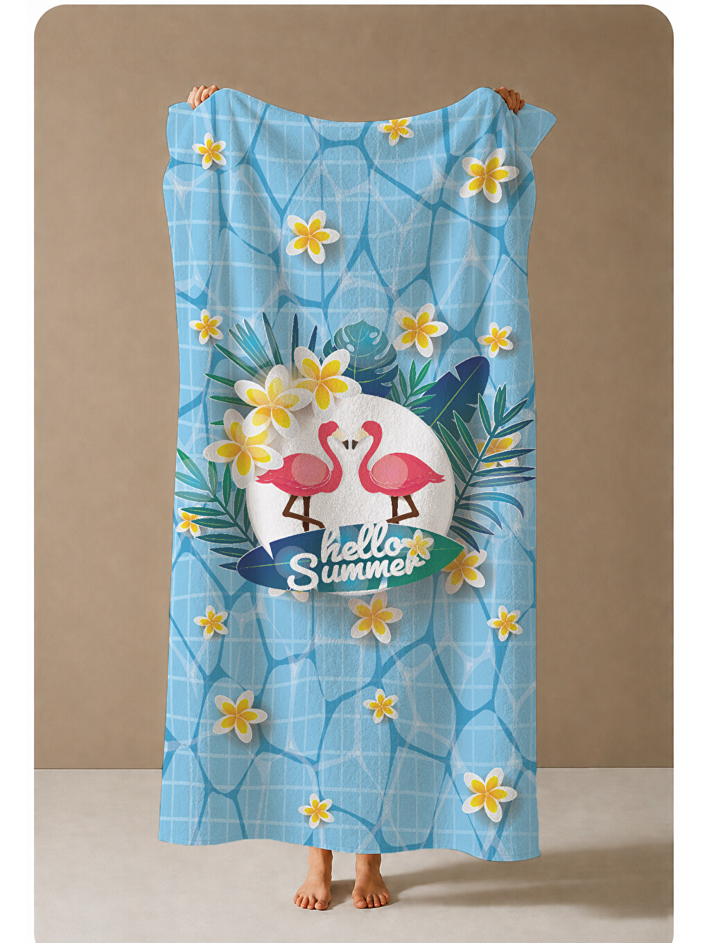 Açık Mavi Hello Summer Flamingo Ve Sarı Çiçek 70x150 Cm Dijital Baskılı Plaj Ve Banyo Havlusu-3