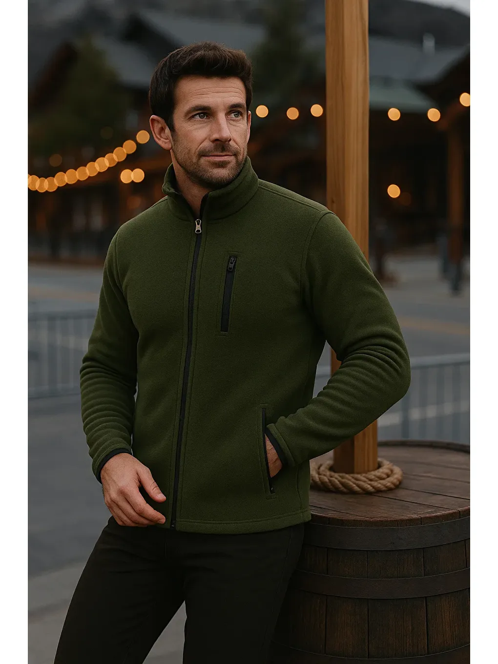 Erkek Fermuarlı Kalın Kışlık Trend Haki Polar Ceket-1