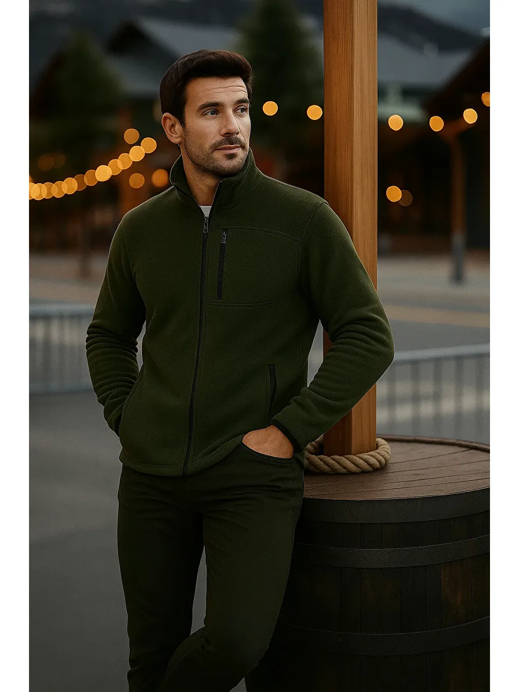 Erkek Fermuarlı Kalın Kışlık Trend Haki Polar Ceket-2