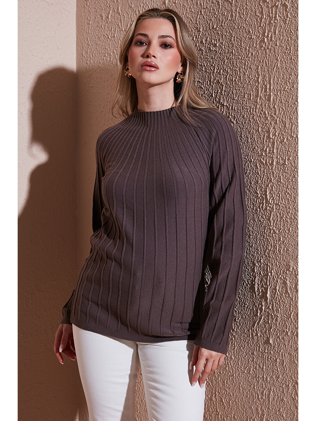 Kahverengi Regular Fit Yarım Balıkçı Yaka Kadın Bluz 25K0361K1-3