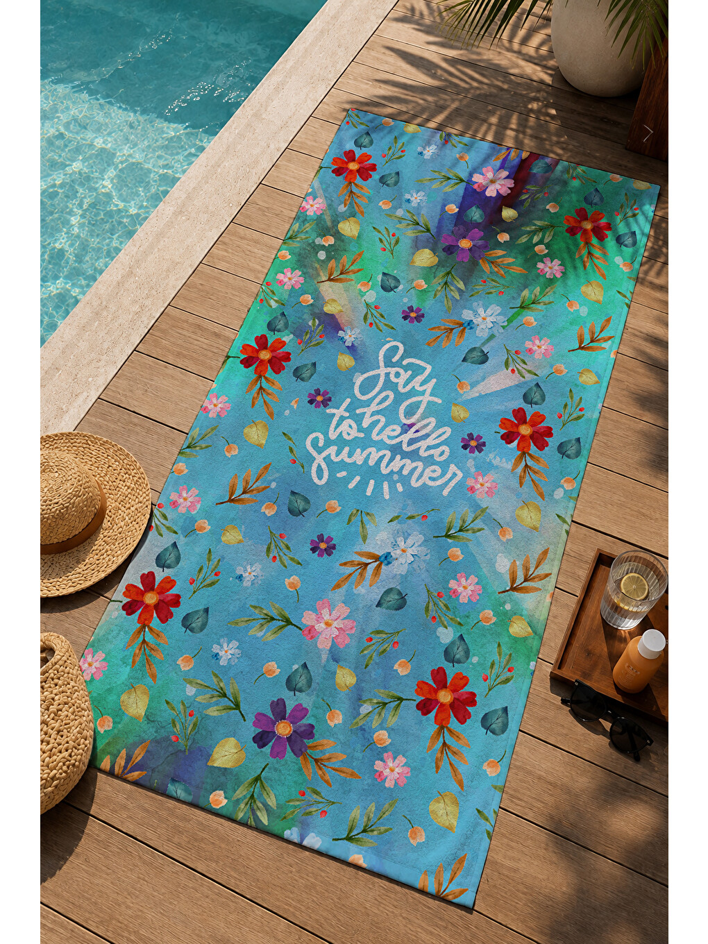 Turkuaz Çiçekli Mandala Bahçe Desenli 70x150 Cm Dijital Baskılı Plaj Ve Banyo Havlusu-2