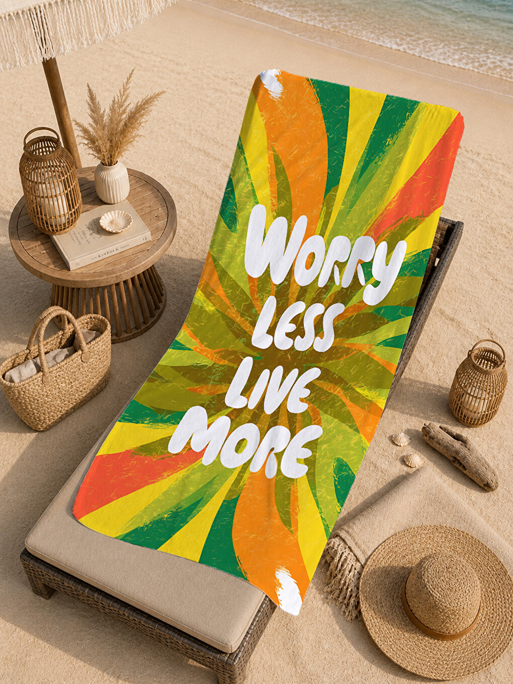 Yeşil Turuncu Worry Less Yazılı Tropikal Desenli 70x150 Cm Dijital Baskılı Plaj Ve Banyo Havlusu-4