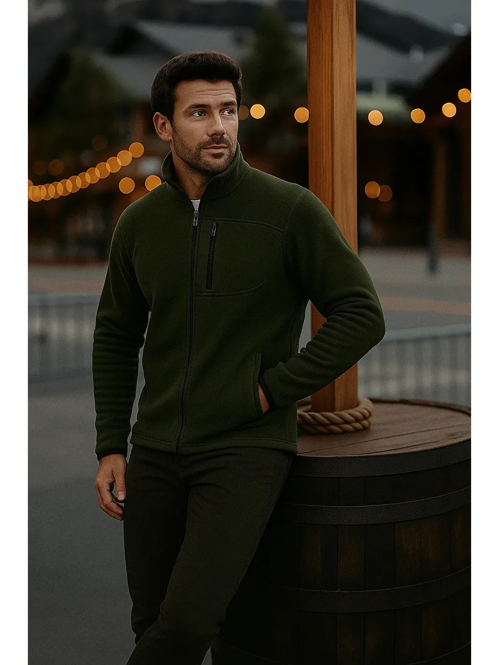 Erkek Fermuarlı Kalın Kışlık Trend Haki Polar Ceket-3