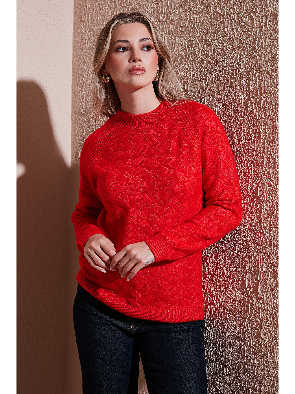 Kırmızı Regular Fit Dik Yaka Örme Kazak 25K0069K1-3