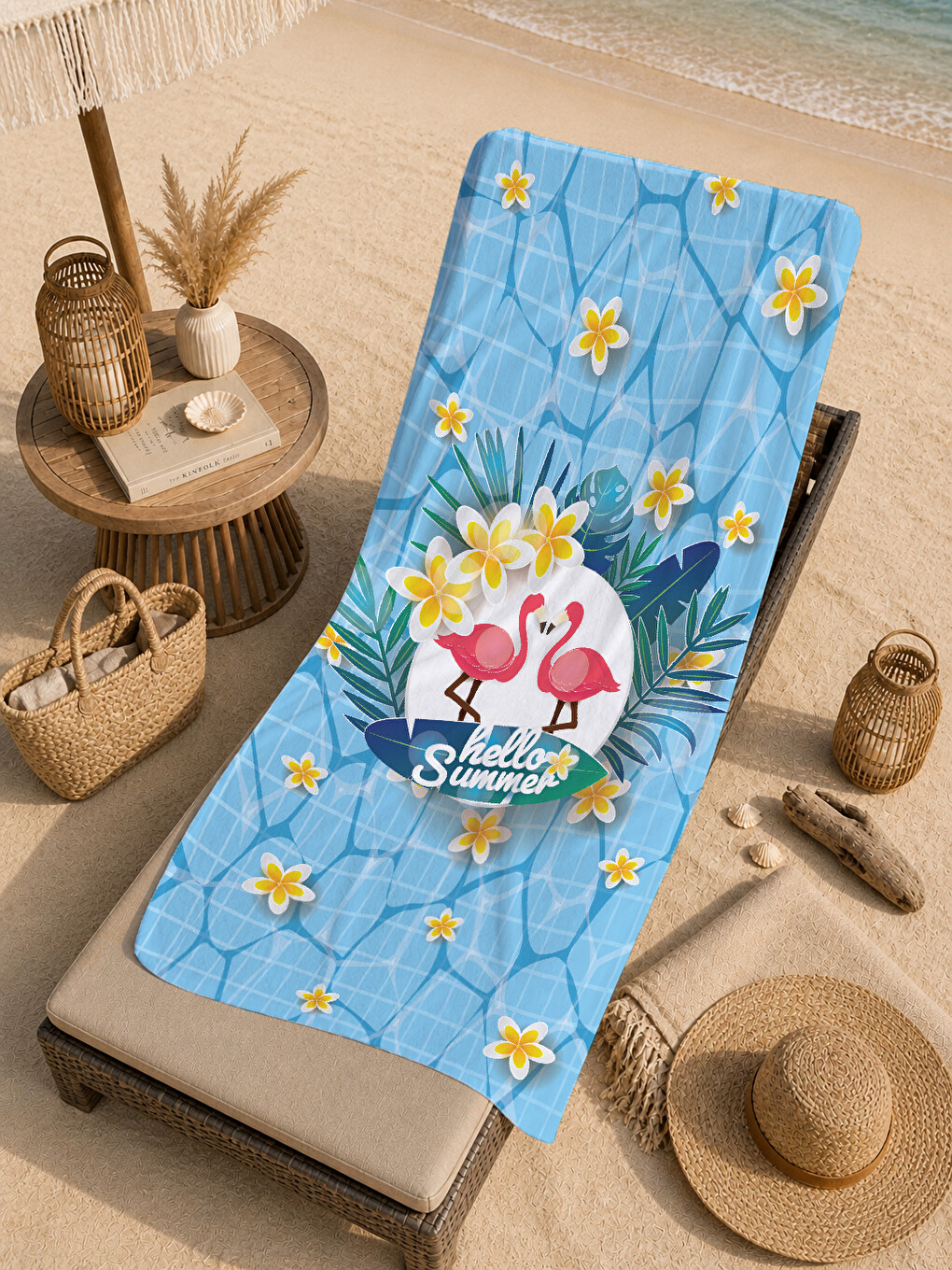 Açık Mavi Hello Summer Flamingo Ve Sarı Çiçek 70x150 Cm Dijital Baskılı Plaj Ve Banyo Havlusu-4