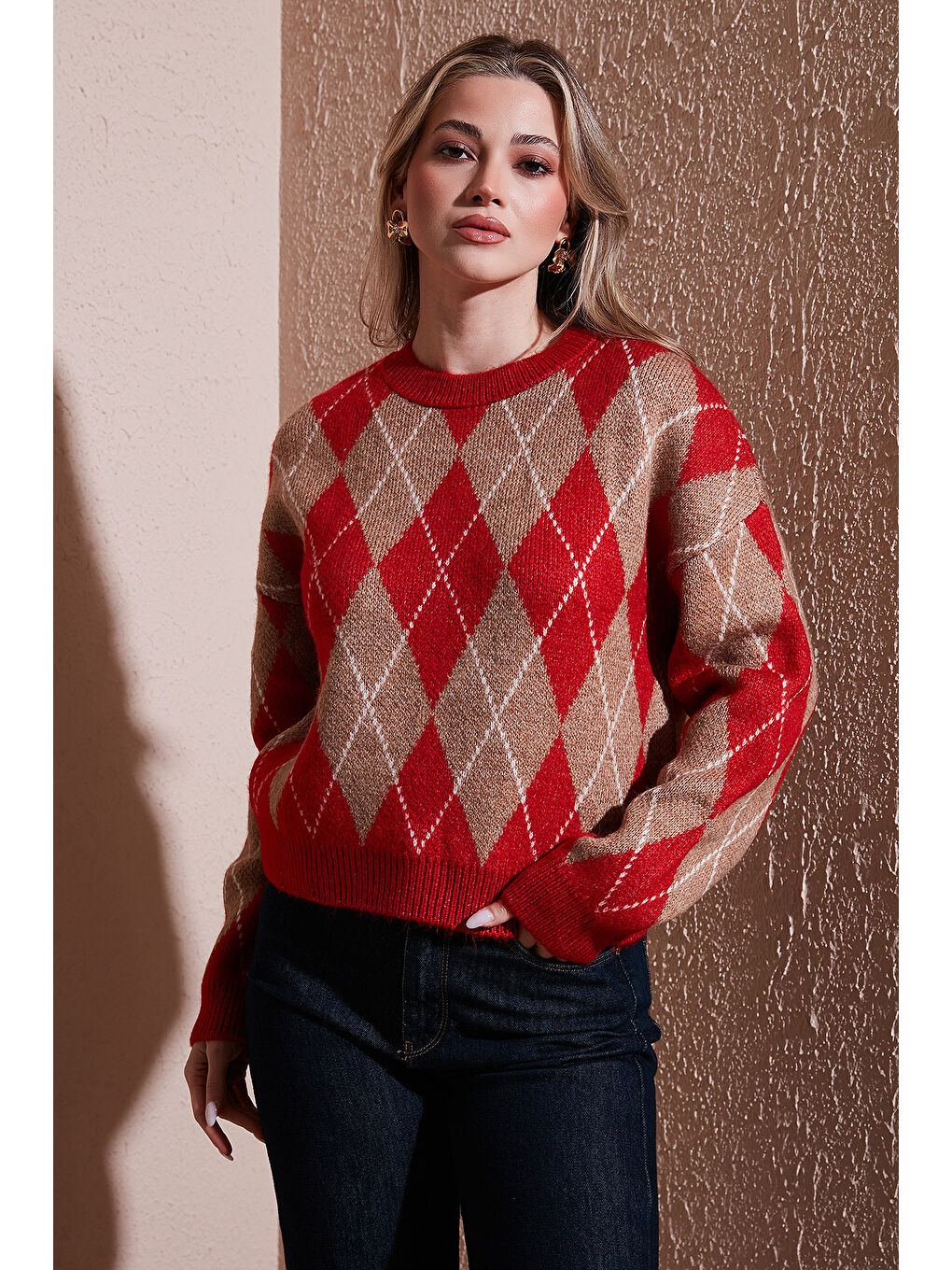 Kırmızı Regular Fit Baklava Desenli Bisiklet Yaka Kazak 25K0081K1