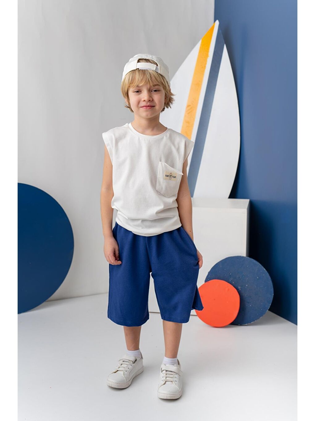 Erkek Çocuk Cepli Baskılı Atlet Diz Altı Şort Takım - Ekru-1