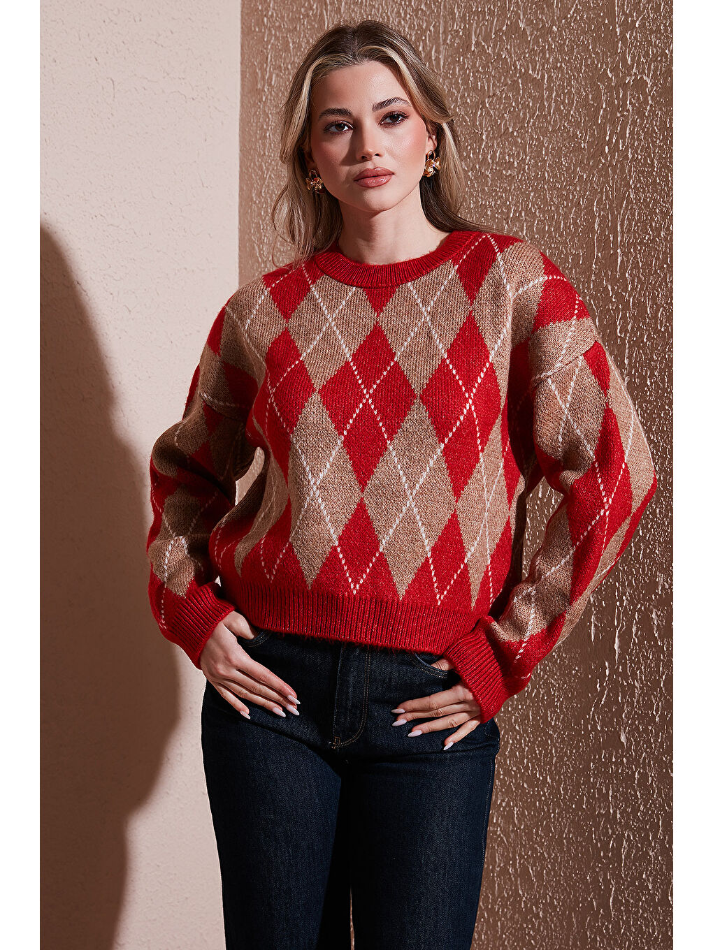 Kırmızı Regular Fit Baklava Desenli Bisiklet Yaka Kazak 25K0081K1-1