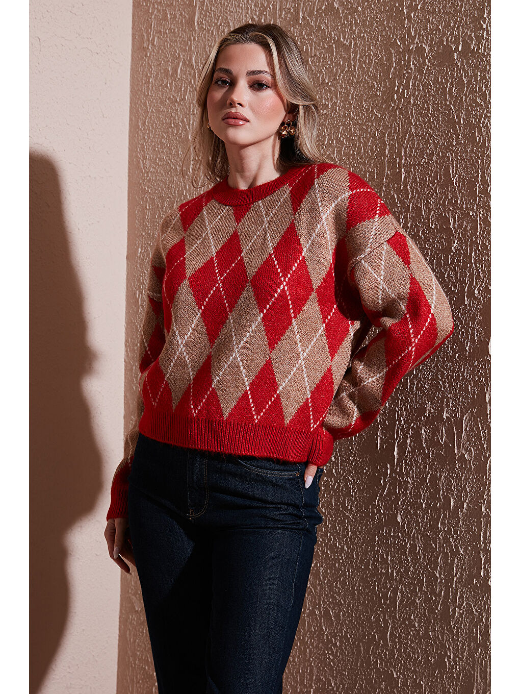 Kırmızı Regular Fit Baklava Desenli Bisiklet Yaka Kazak 25K0081K1-2