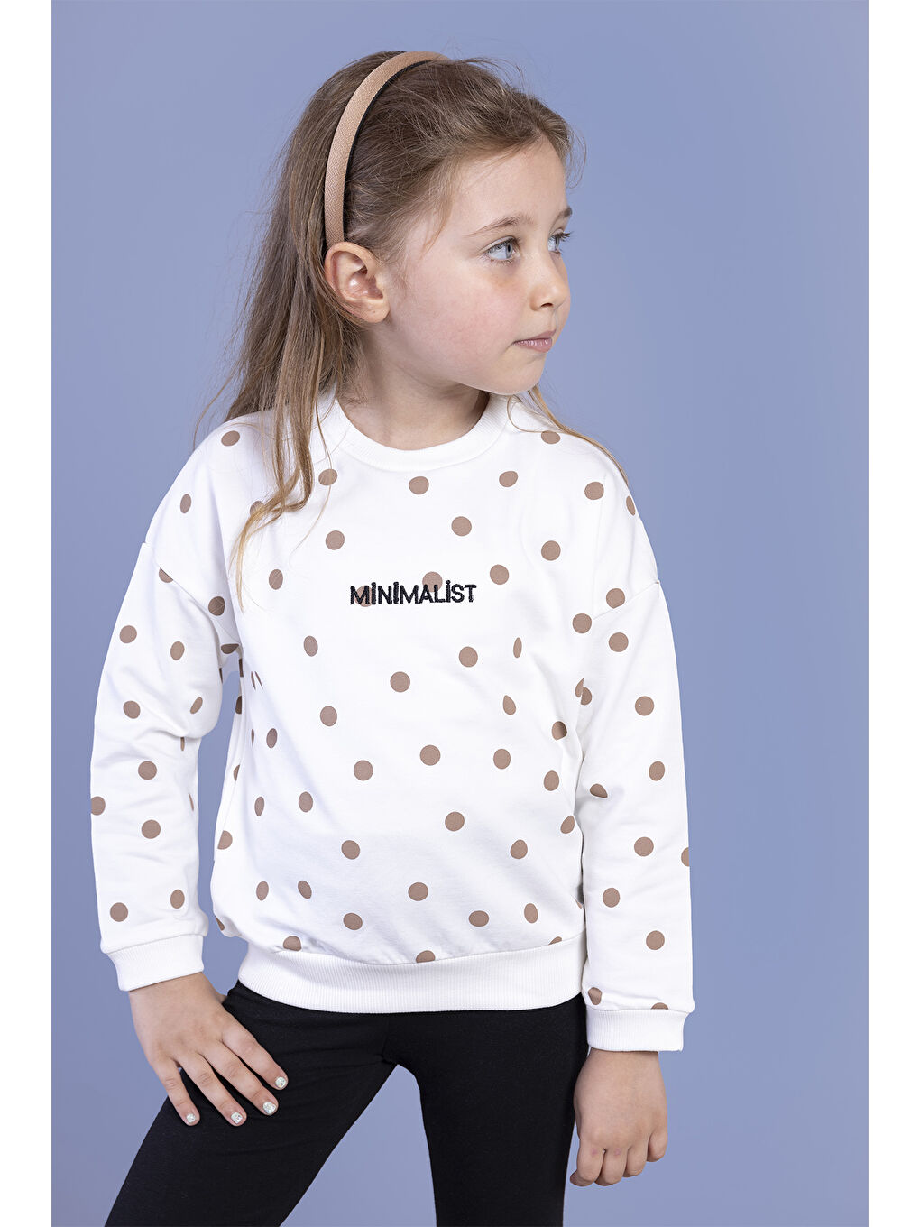 Ekru Kız Çocuk Puantiye Desenli Sweatshirt-2