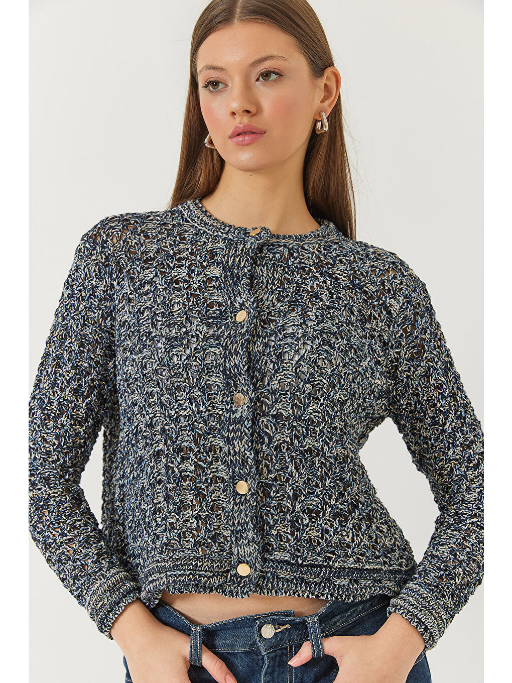 Lacivert Kadın Ajurlu Simli Triko Hırka