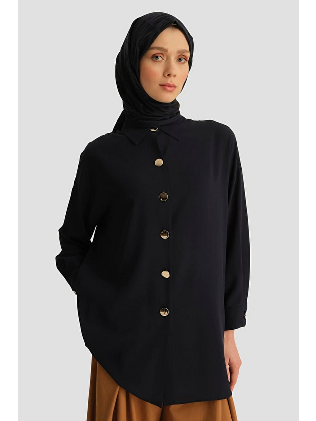 Metal Düğmeli Oversize Tunik Lacivert