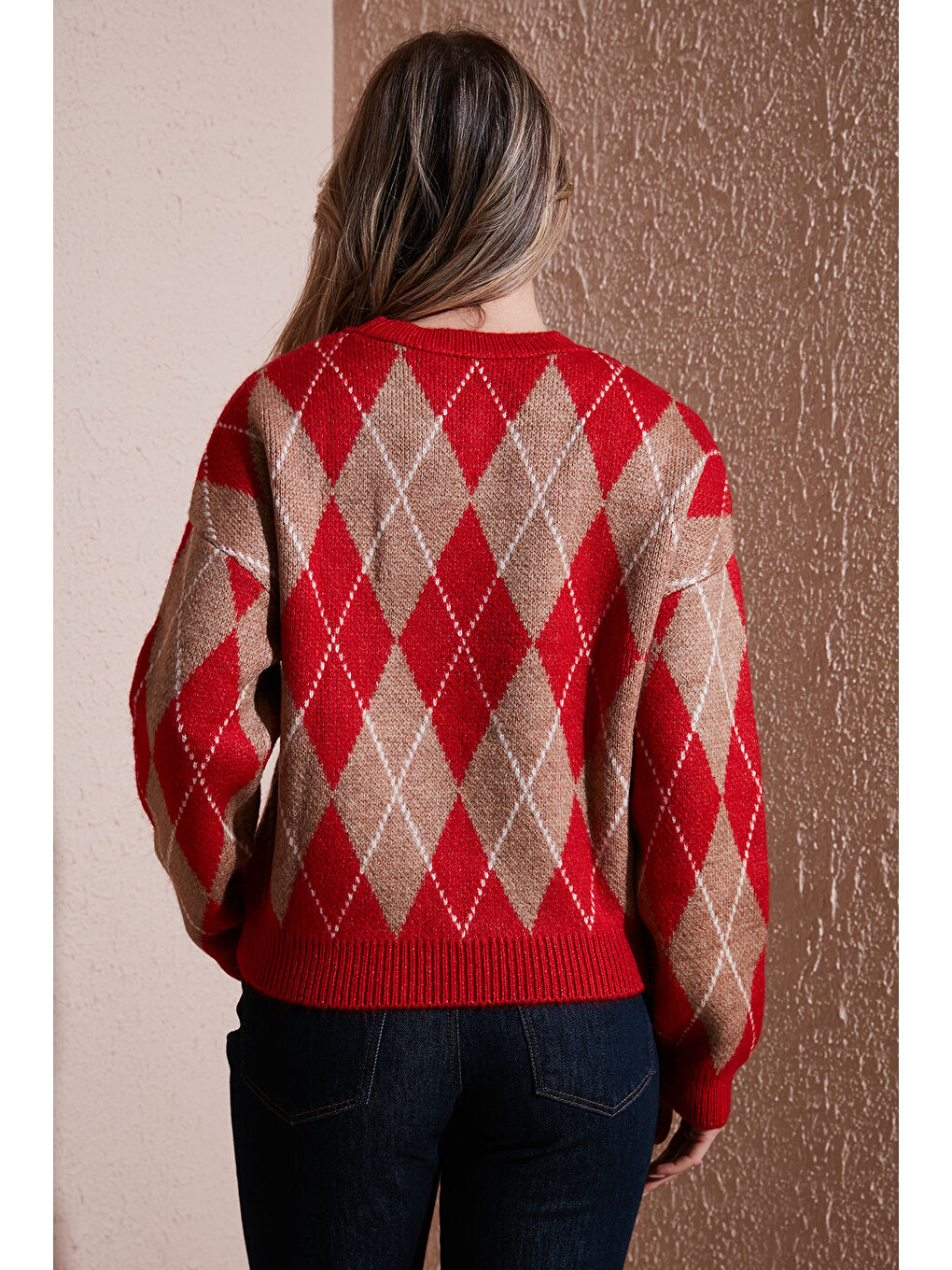 Kırmızı Regular Fit Baklava Desenli Bisiklet Yaka Kazak 25K0081K1-3