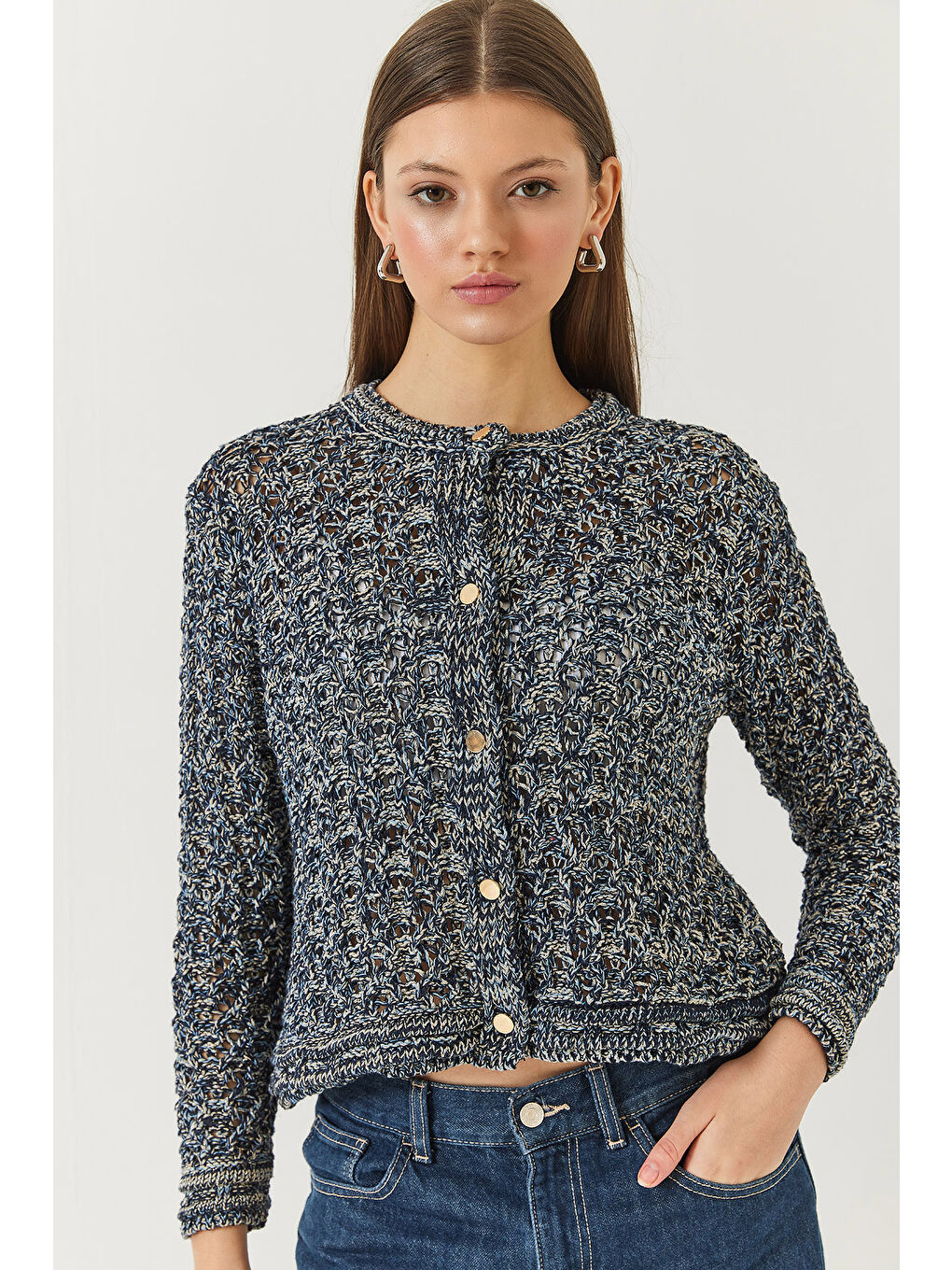 Lacivert Kadın Ajurlu Simli Triko Hırka-1