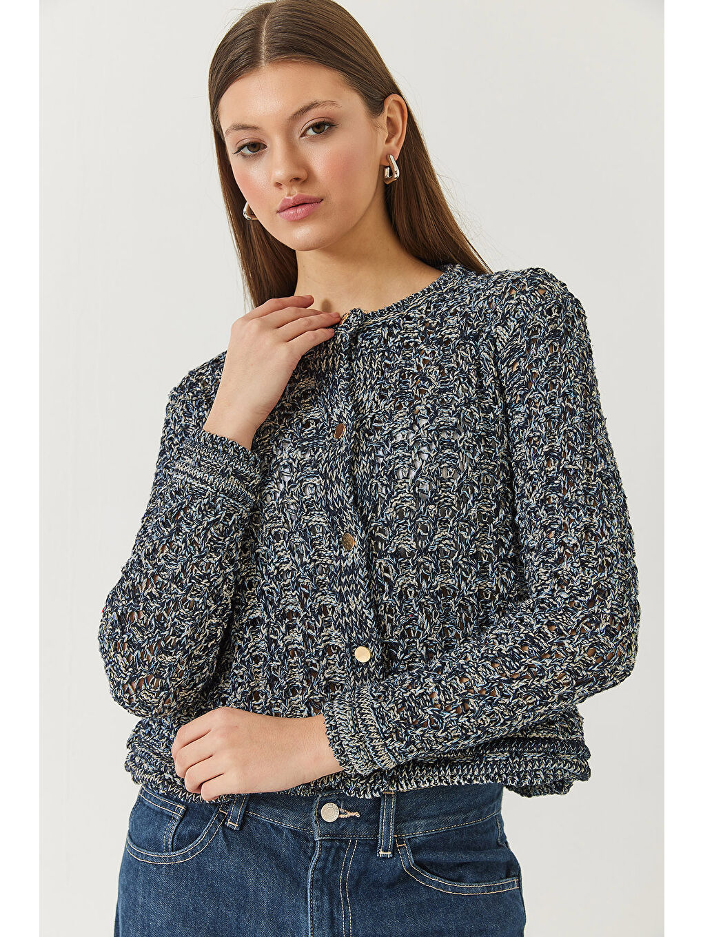 Lacivert Kadın Ajurlu Simli Triko Hırka-2