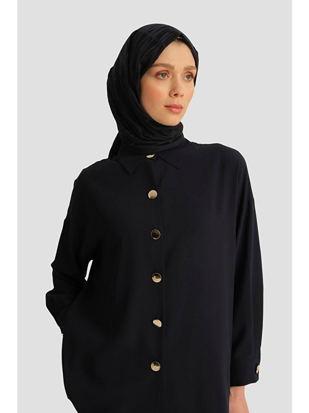 Metal Düğmeli Oversize Tunik Lacivert-1