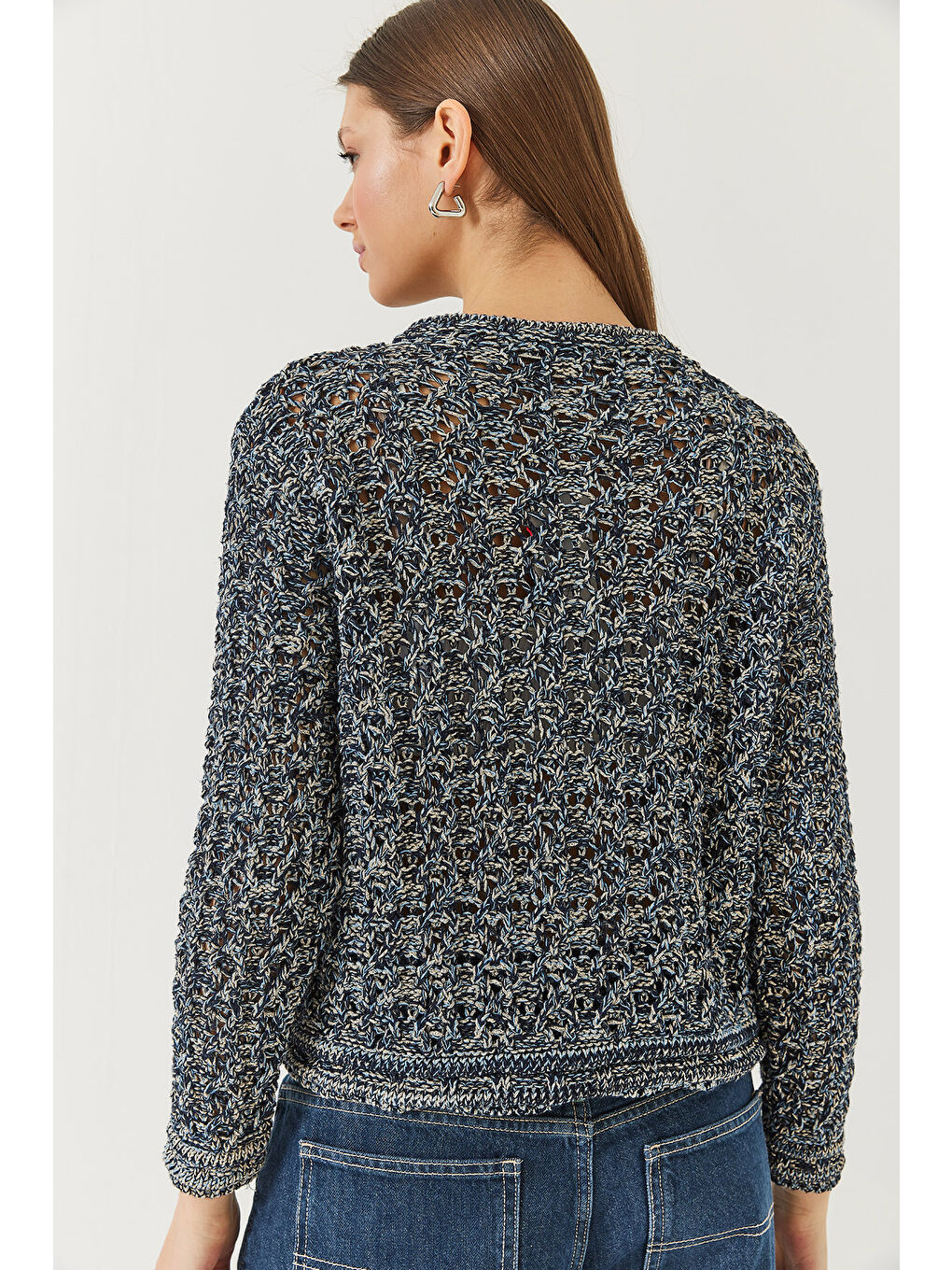 Lacivert Kadın Ajurlu Simli Triko Hırka-4