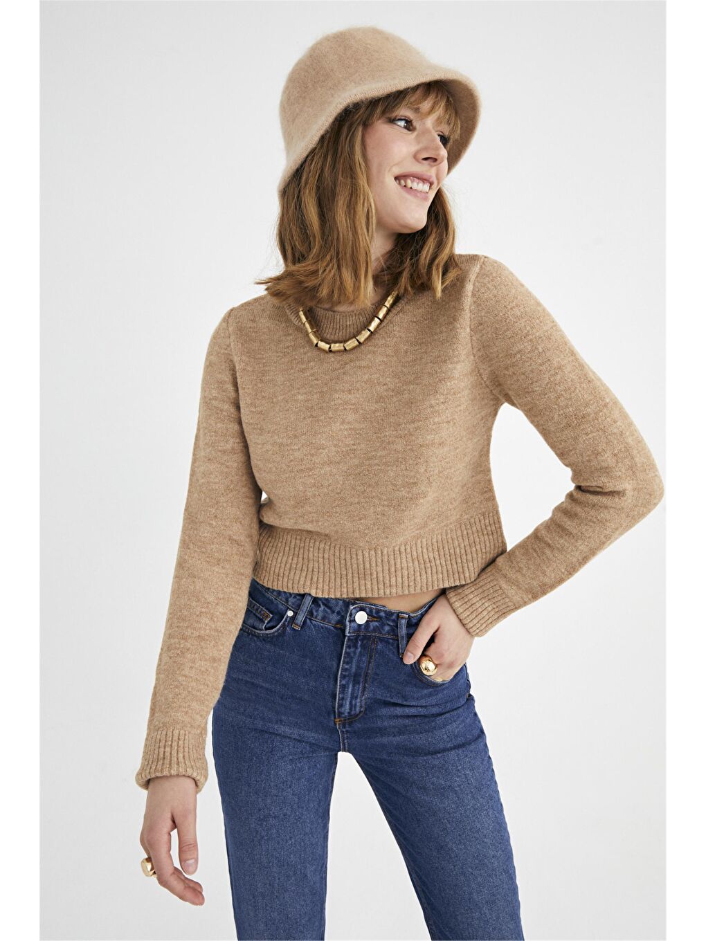 Bej Vizon Bisiklet Yaka Crop Kazak-2