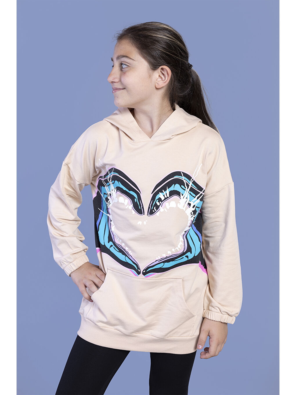 Pembe Kız Çocuk Kapüşonlu Kanguru Cepli Baskılı Sweatshirt