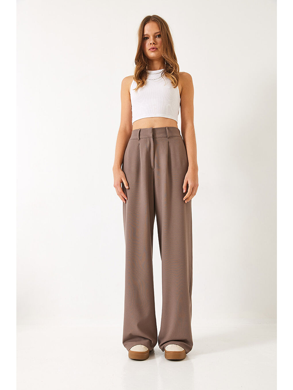 Bej Kadın Beli Lastikli Bol Paça Pantolon-1