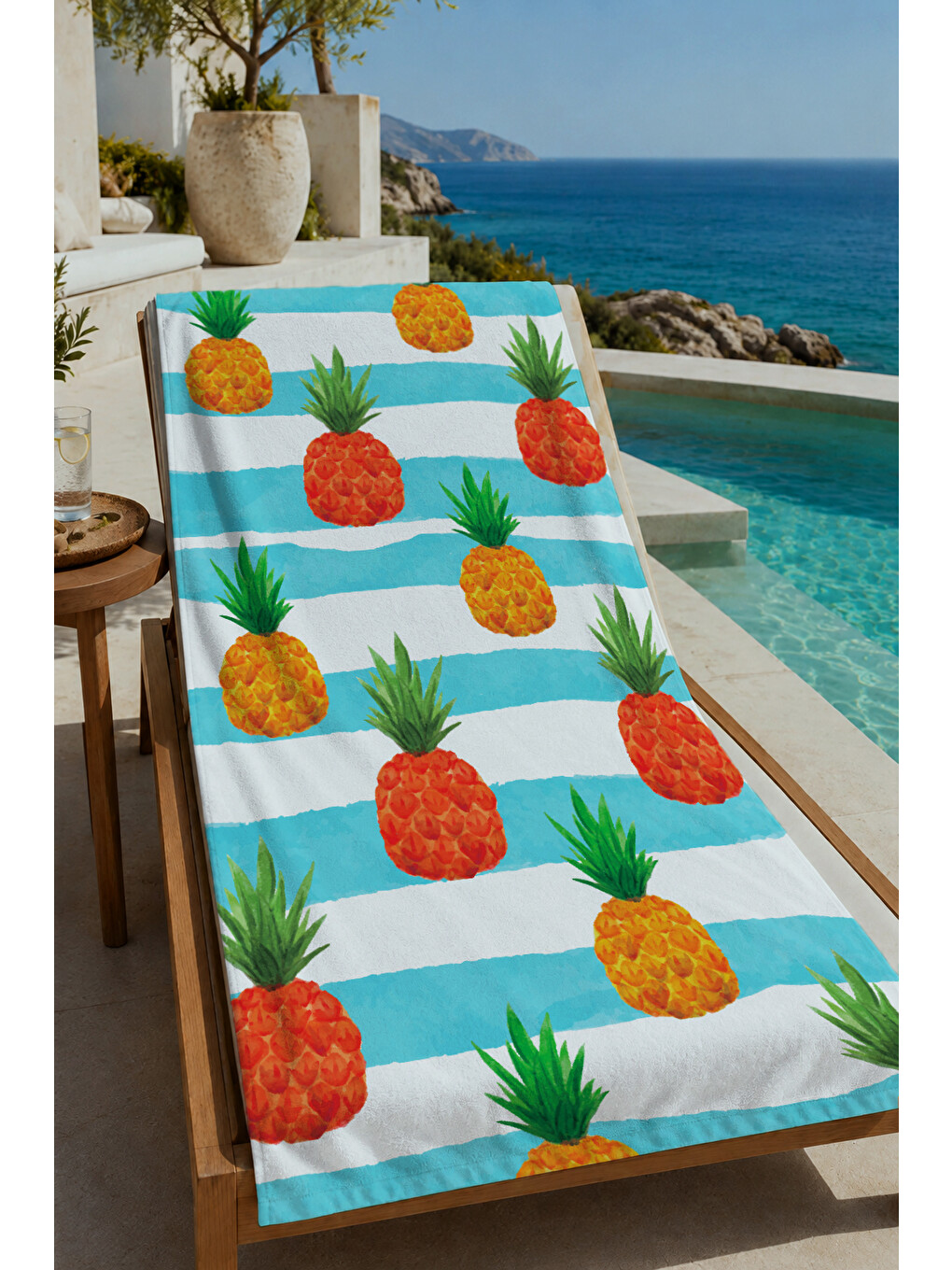 Milbay Grup Turkuaz Beyaz Çizgili Ananas Desenli 70x150 Cm Dijital Plaj Ve Banyo Havlusu-37457