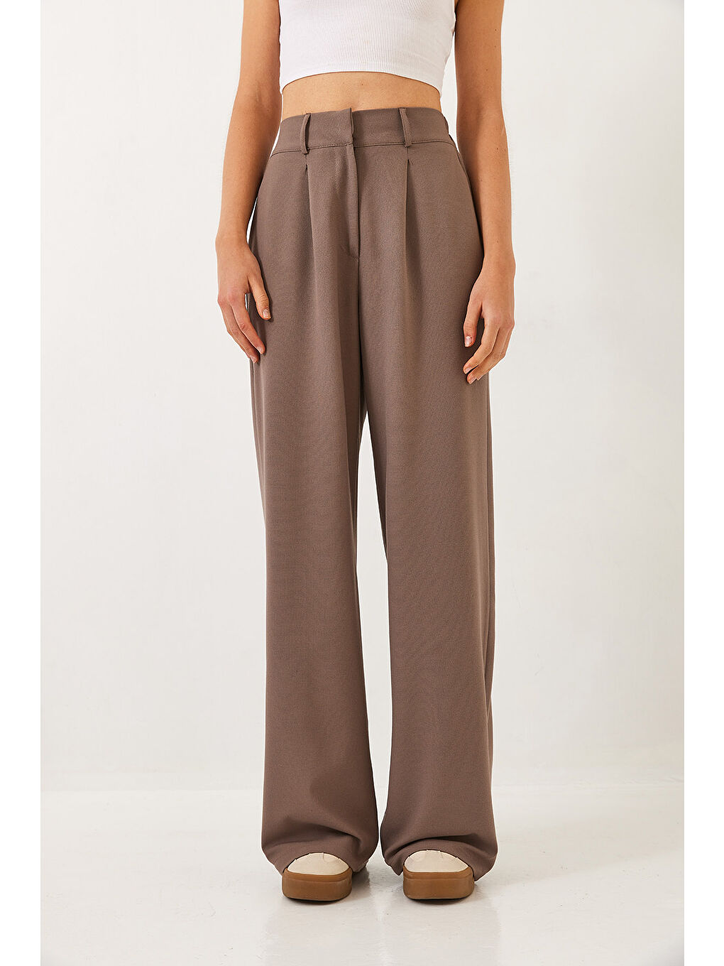 Bej Kadın Beli Lastikli Bol Paça Pantolon-2