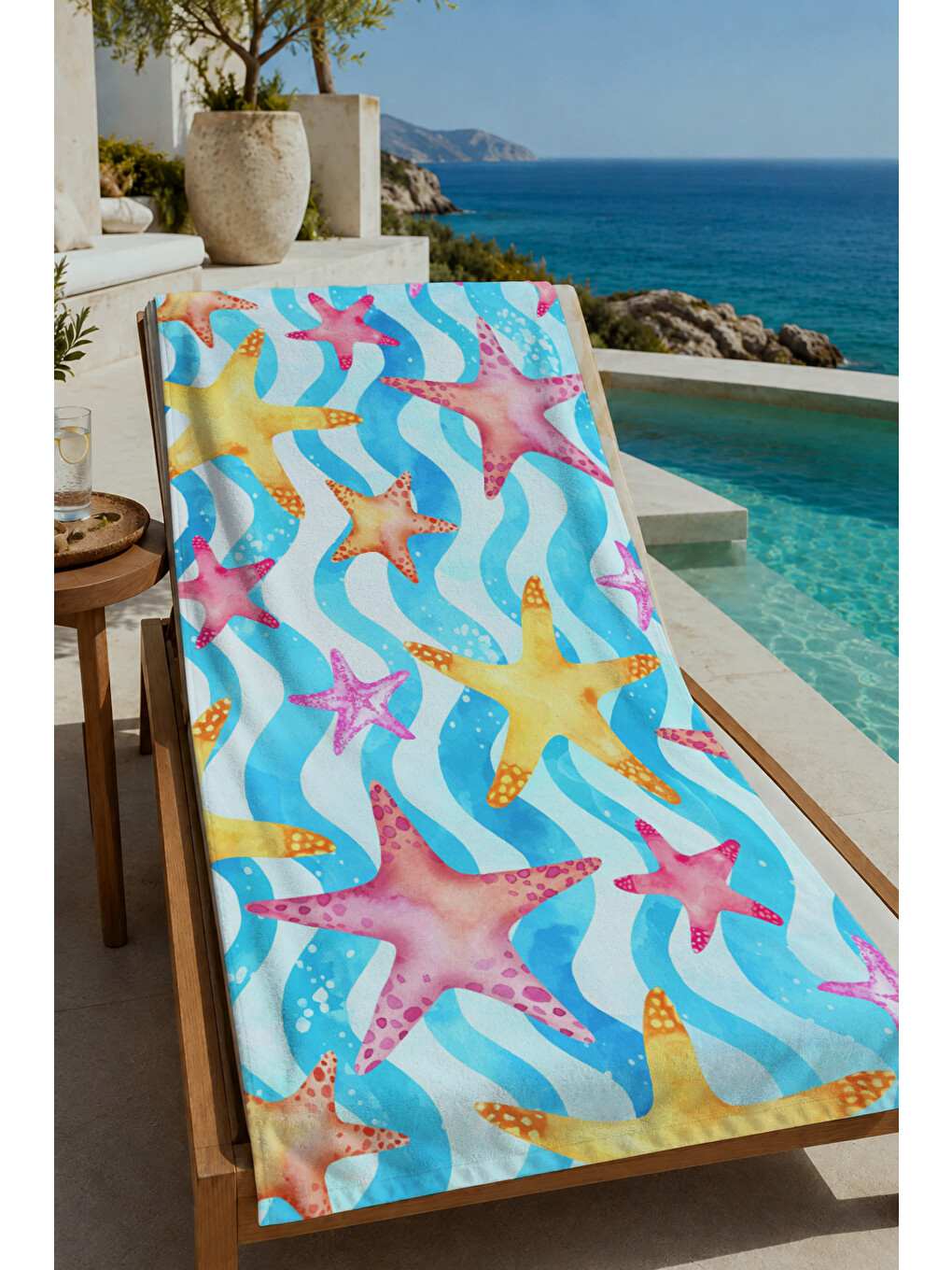 Pastel Mavi Sarı Pembe Soyut Dalga Desenli 70x150 Cm Dijital Baskılı Plaj Ve Banyo Havlusu