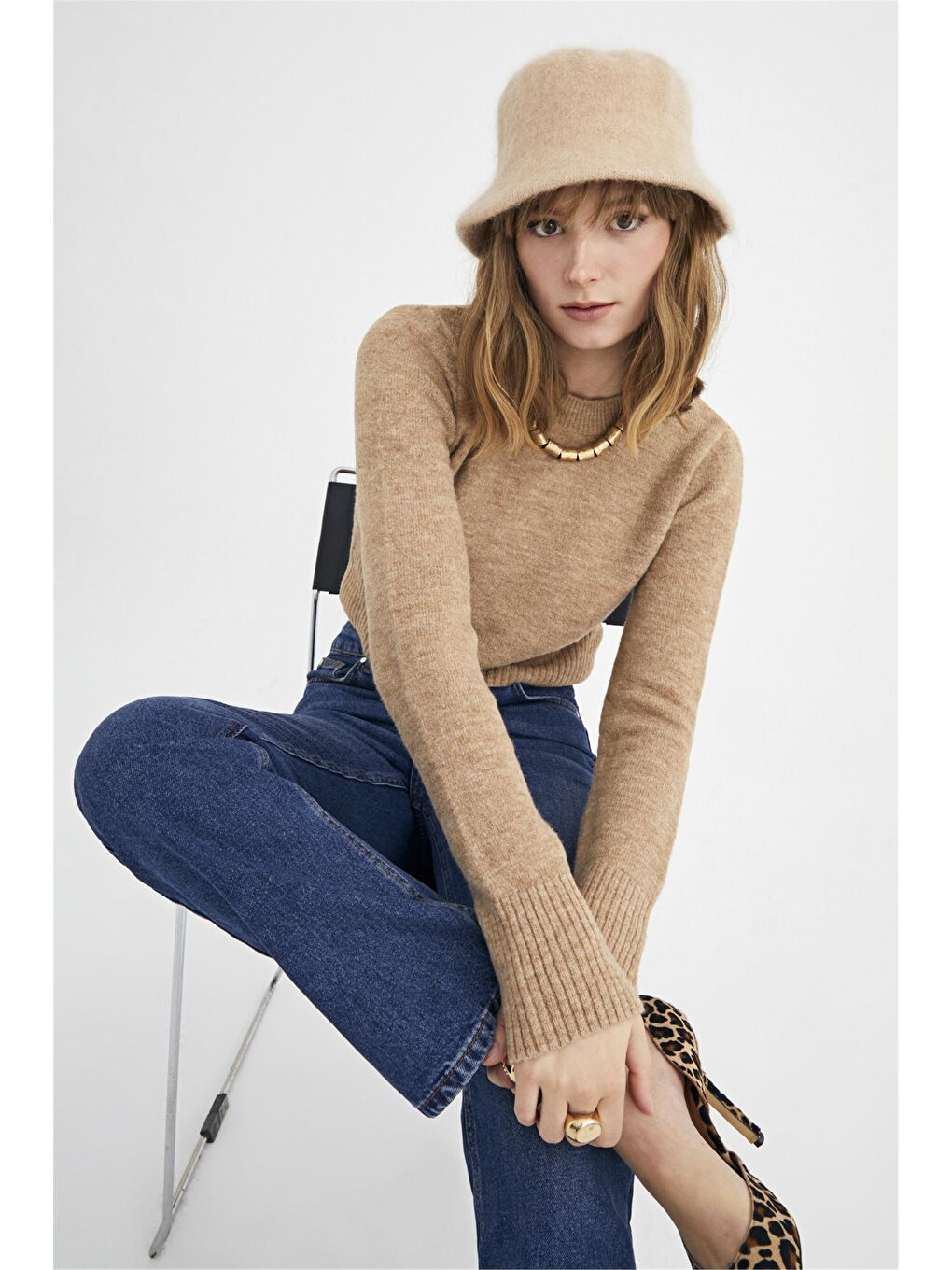 Bej Vizon Bisiklet Yaka Crop Kazak-3