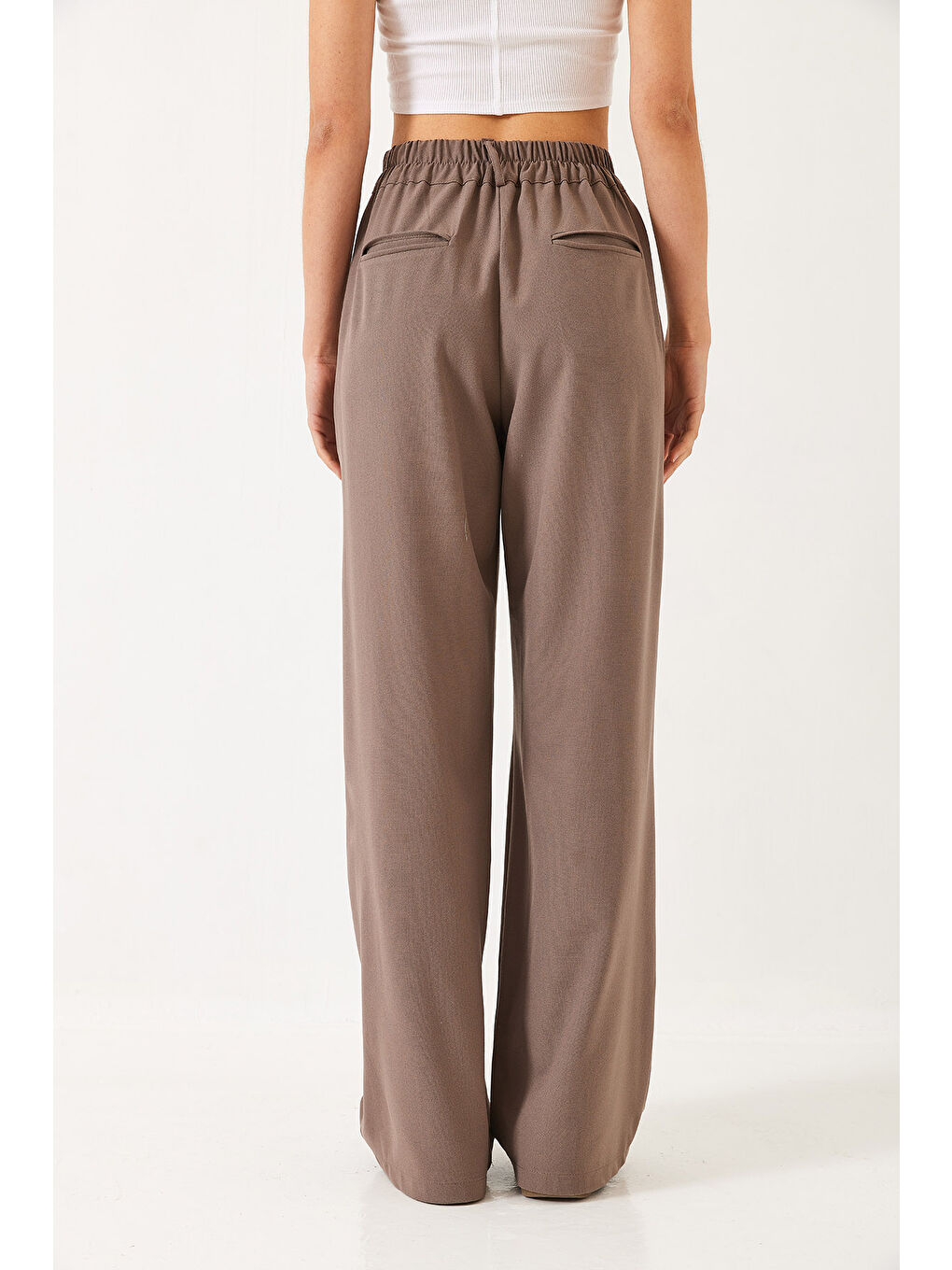 Bej Kadın Beli Lastikli Bol Paça Pantolon-6