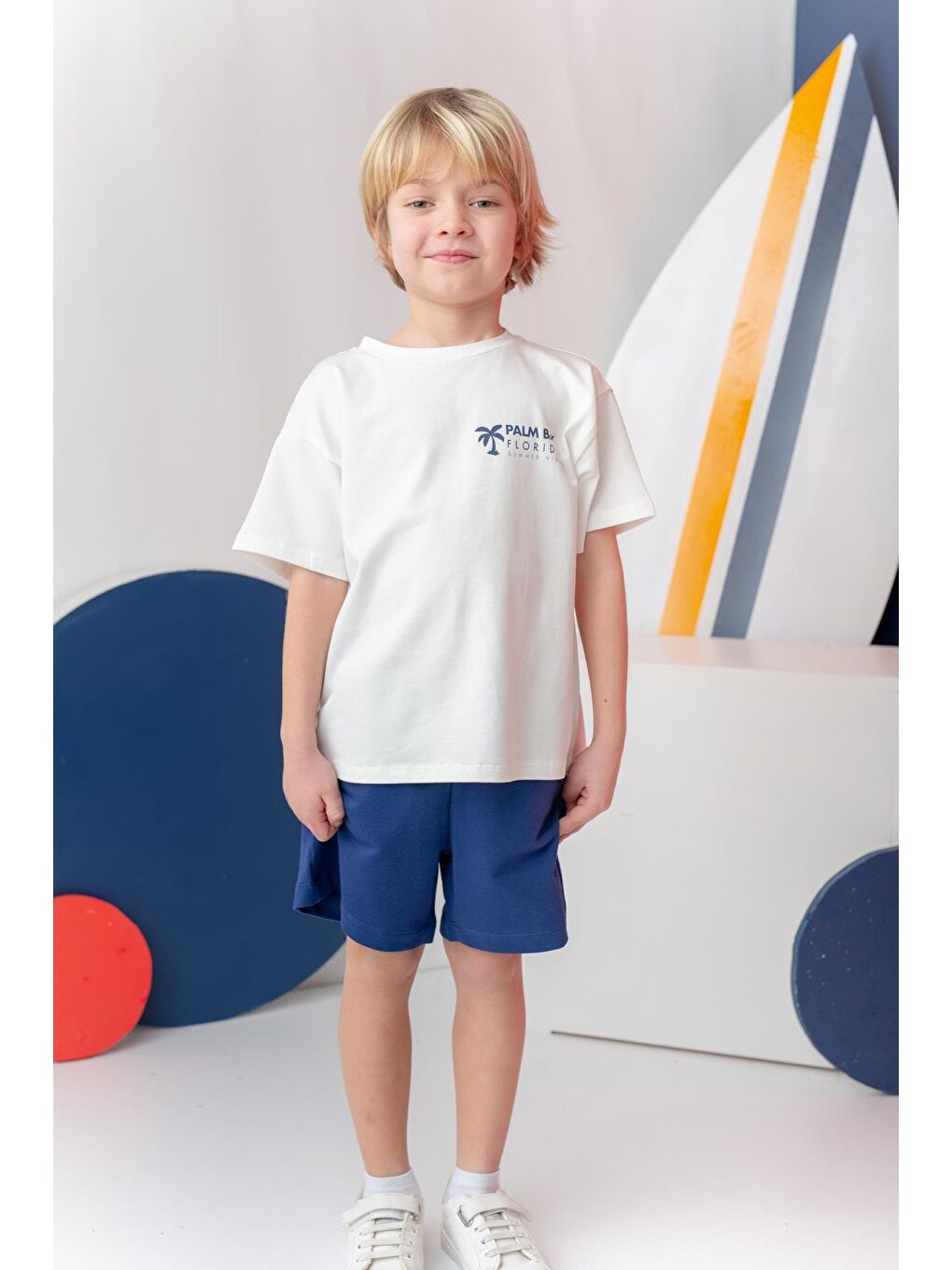 Erkek Çoçuk Sörf Baskılı T-Shirt Kısa Şort Takım - Ekru