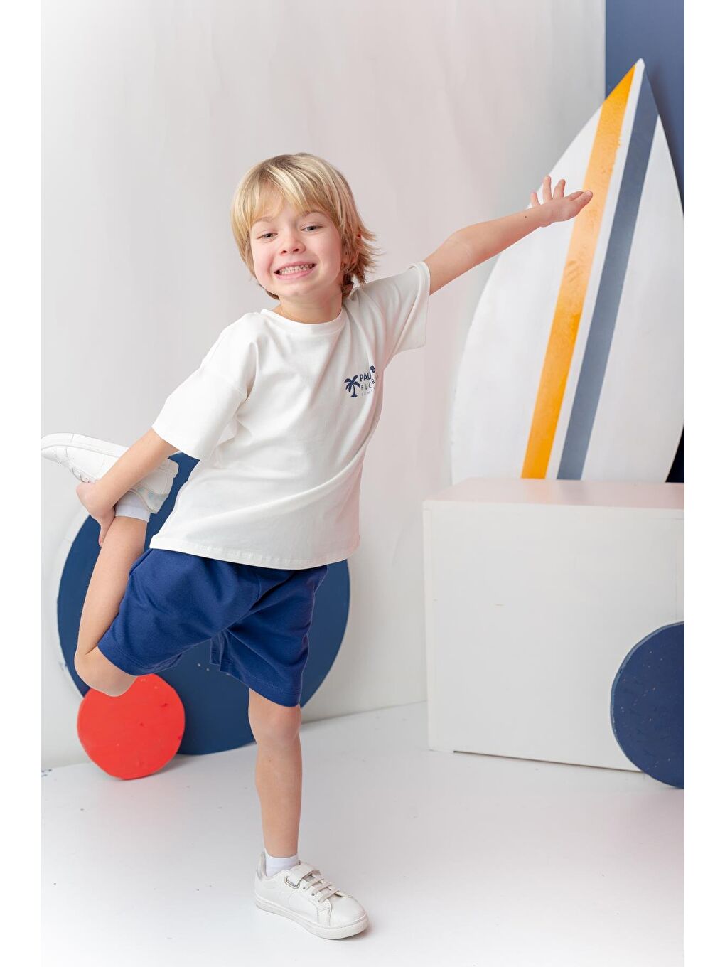 Erkek Çoçuk Sörf Baskılı T-Shirt Kısa Şort Takım - Ekru-1