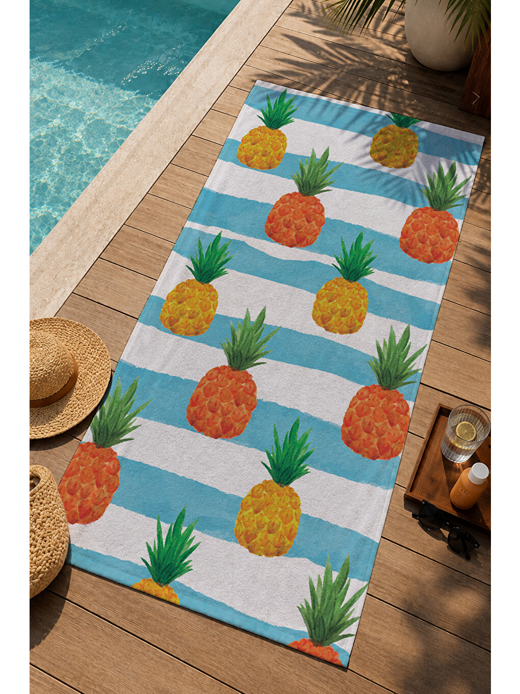 Milbay Grup Turkuaz Beyaz Çizgili Ananas Desenli 70x150 Cm Dijital Plaj Ve Banyo Havlusu-37457-2