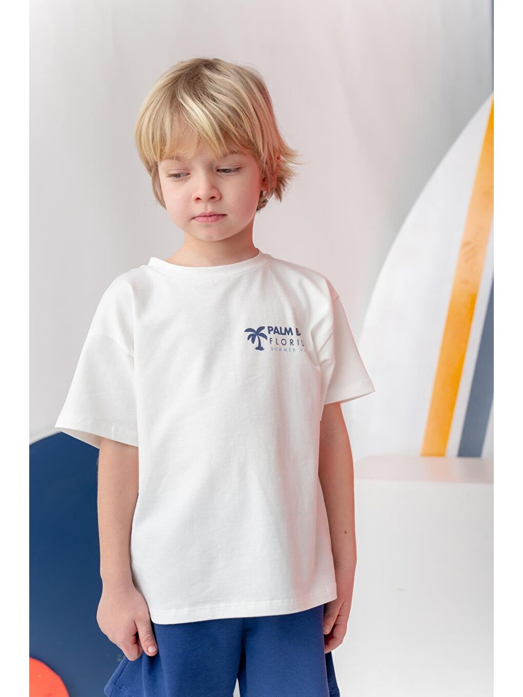 Erkek Çoçuk Sörf Baskılı T-Shirt Kısa Şort Takım - Ekru-3