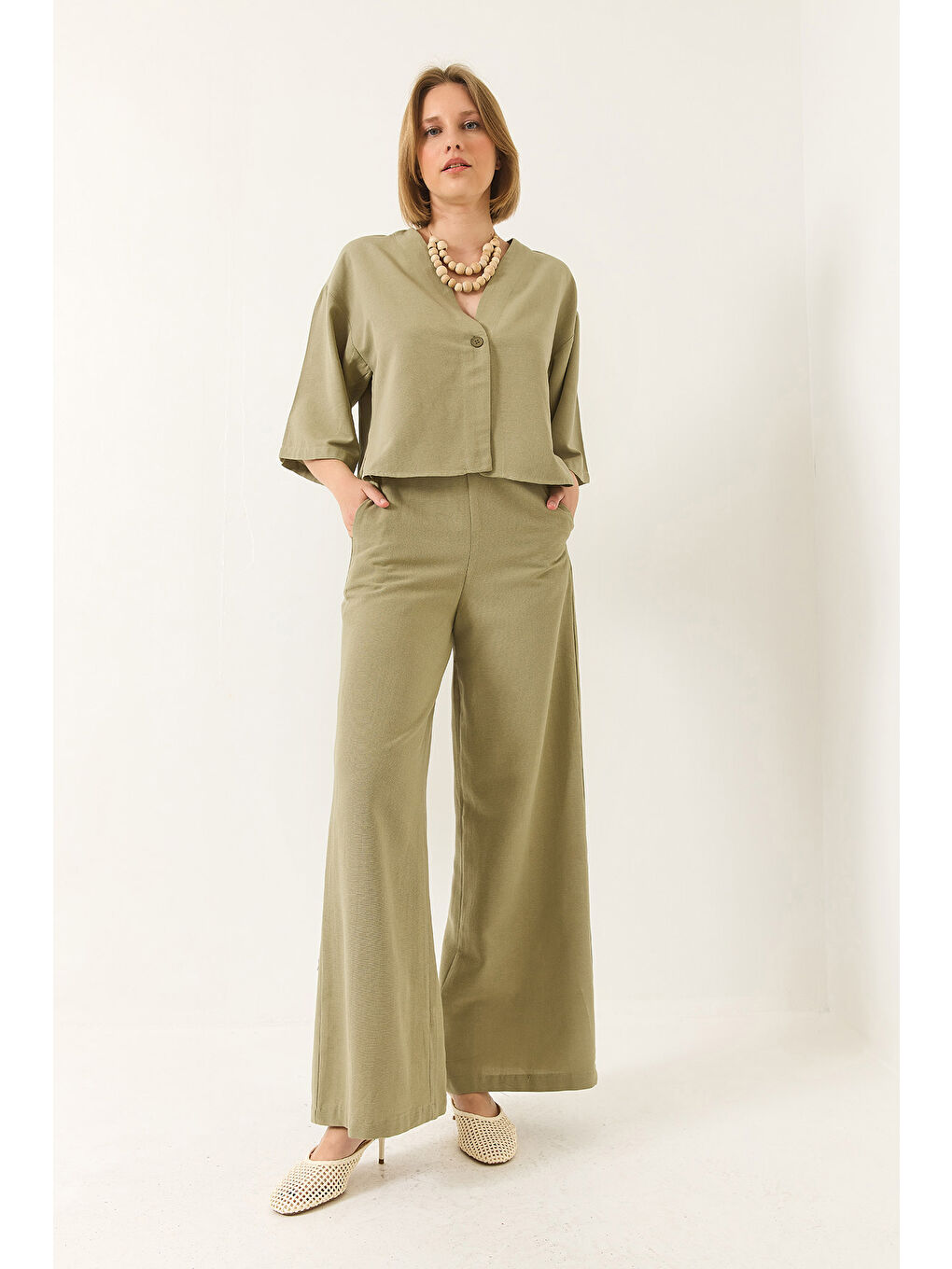 Yeşil Kadın V Yaka Yarasa Kol Keten Kimono Palazzo Pantolonlu Alt-Üst Takım-1