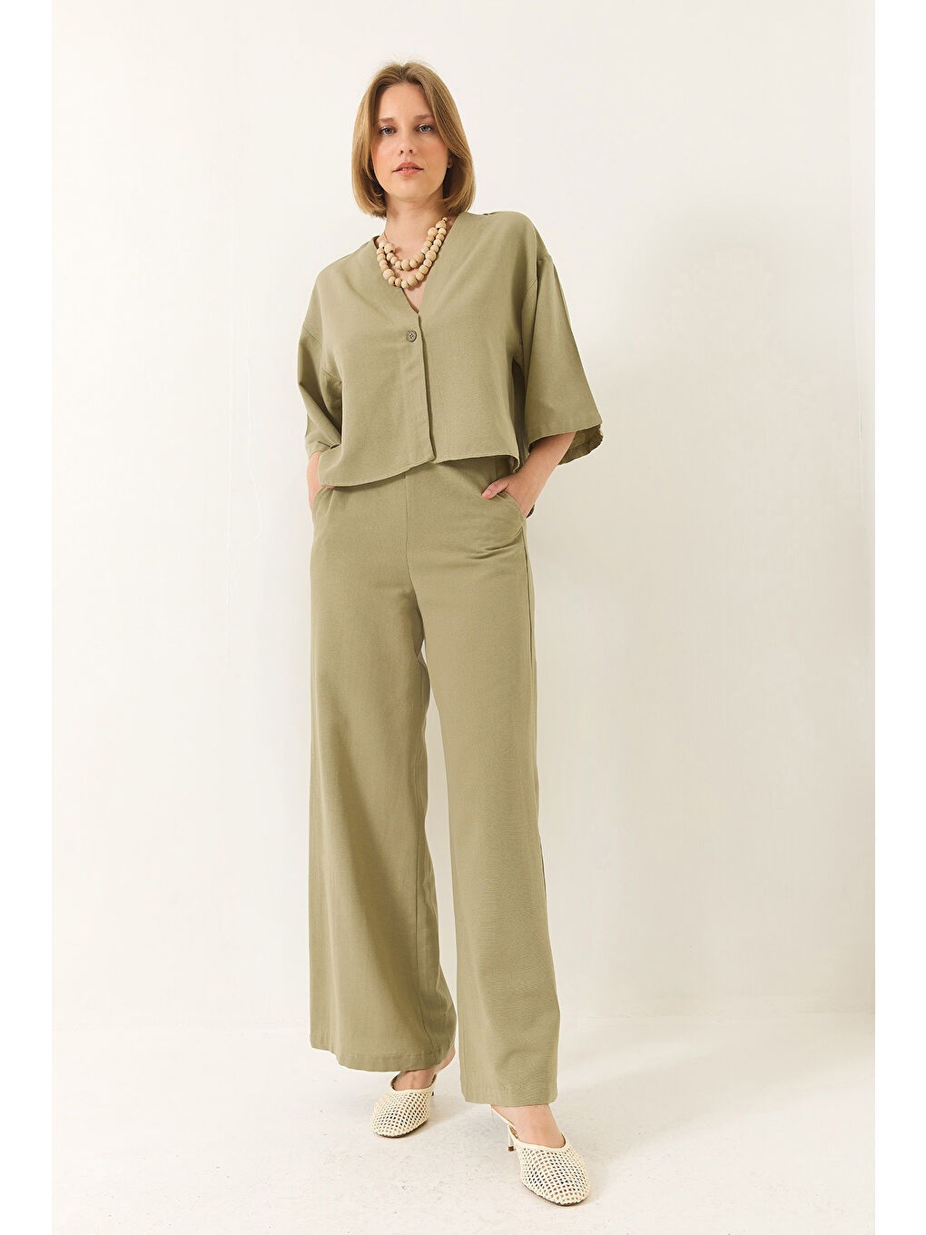 Yeşil Kadın V Yaka Yarasa Kol Keten Kimono Palazzo Pantolonlu Alt-Üst Takım-2