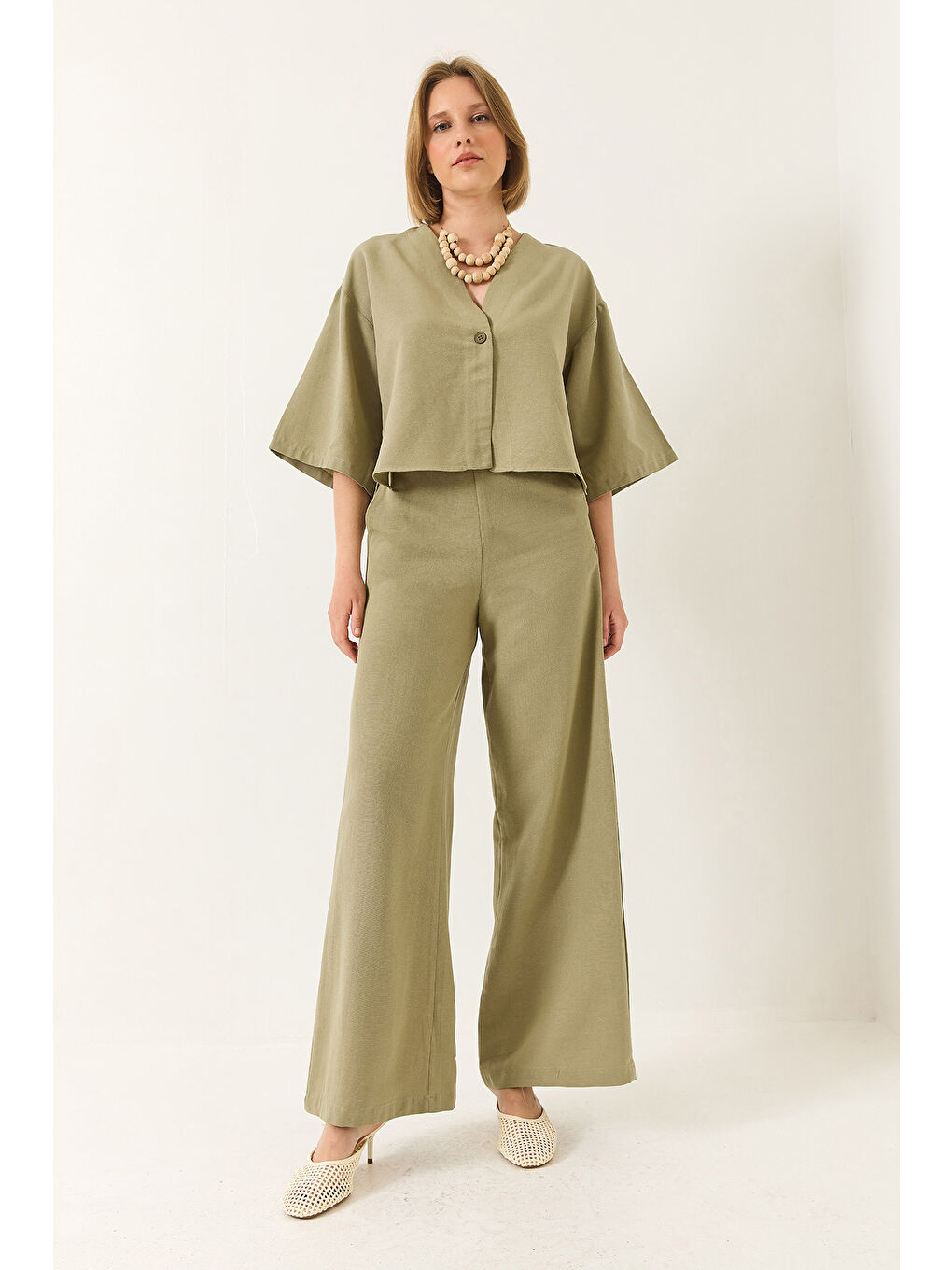 Yeşil Kadın V Yaka Yarasa Kol Keten Kimono Palazzo Pantolonlu Alt-Üst Takım-3