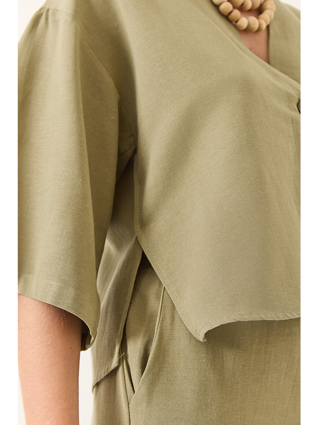 Yeşil Kadın V Yaka Yarasa Kol Keten Kimono Palazzo Pantolonlu Alt-Üst Takım-4