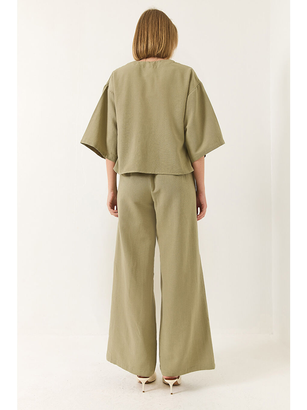 Yeşil Kadın V Yaka Yarasa Kol Keten Kimono Palazzo Pantolonlu Alt-Üst Takım-5